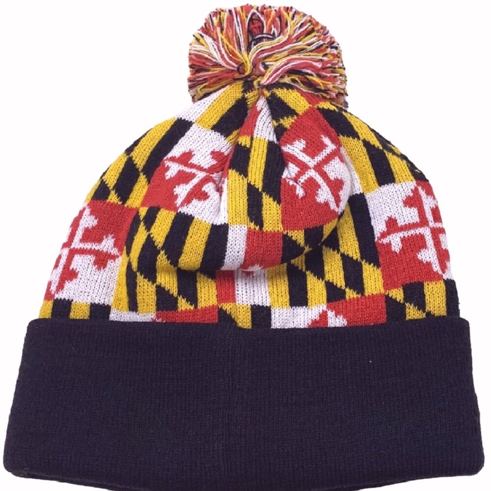 Maryland Flag Pom Beanie Cap with Black Cuff - NEW Fast Ship